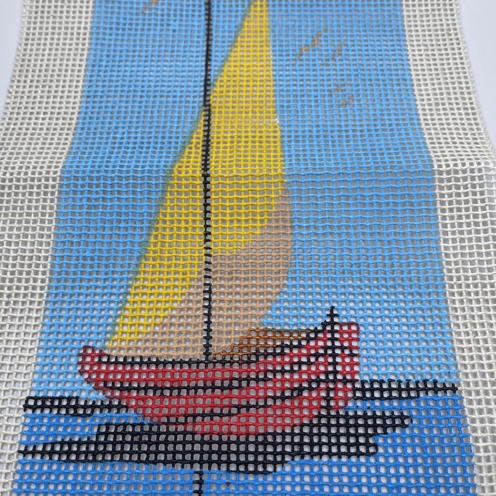 Vintage Rio de Janero Brazil Hand Painted Needlepoint Canvas Sailboat on Ocean - Picture 4 of 5